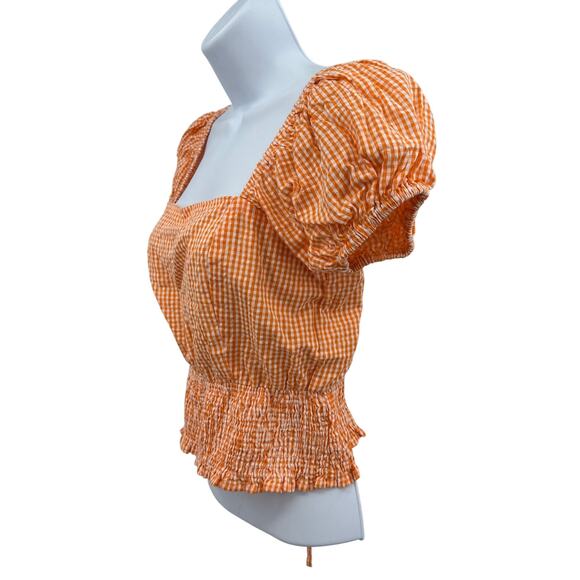 Sim & Sam Puff Sleeve Smocked Crop Top WMN S Orange Gingham Lace-Up Back 51226BL - Picture 3 of 6